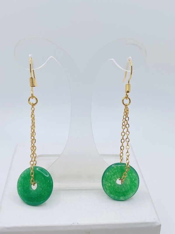 Jade Donuts Earrings With Chain /Green Jade Donuts/Dangling Earrings/Good Luck Earrings