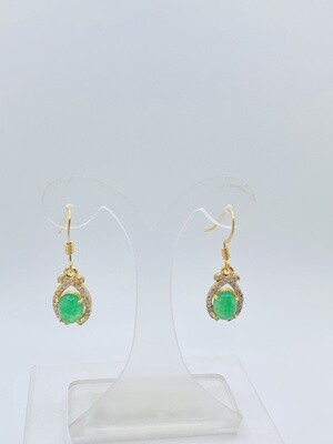 Jade &amp; Crystal Earrings/Green Jade /Dangling Earrings/Oval Jade Earrings/Good Luck