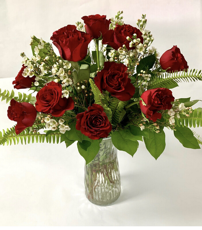 $90 - 1 Dozen Fresh Red Roses Arranged in a Vase with Filler