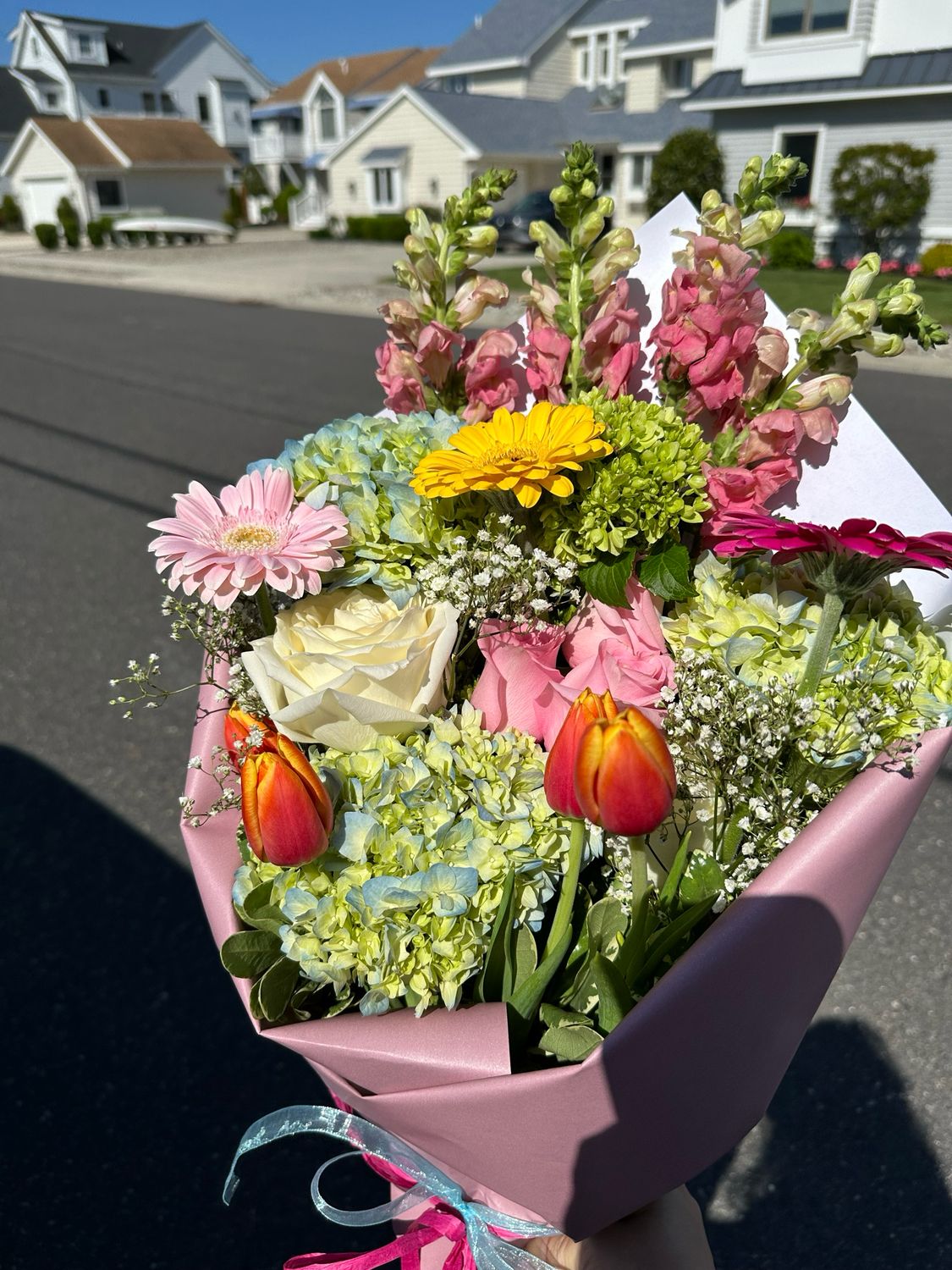 $95 Seasonal Wrapped Fresh Flower Bouquet (no vase)