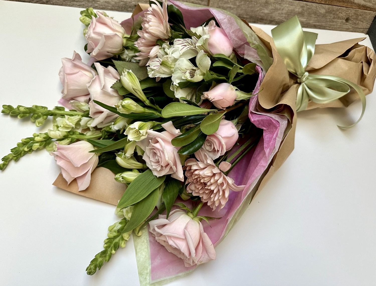 $80 Seasonal Wrapped Fresh Flower Bouquet (no vase)