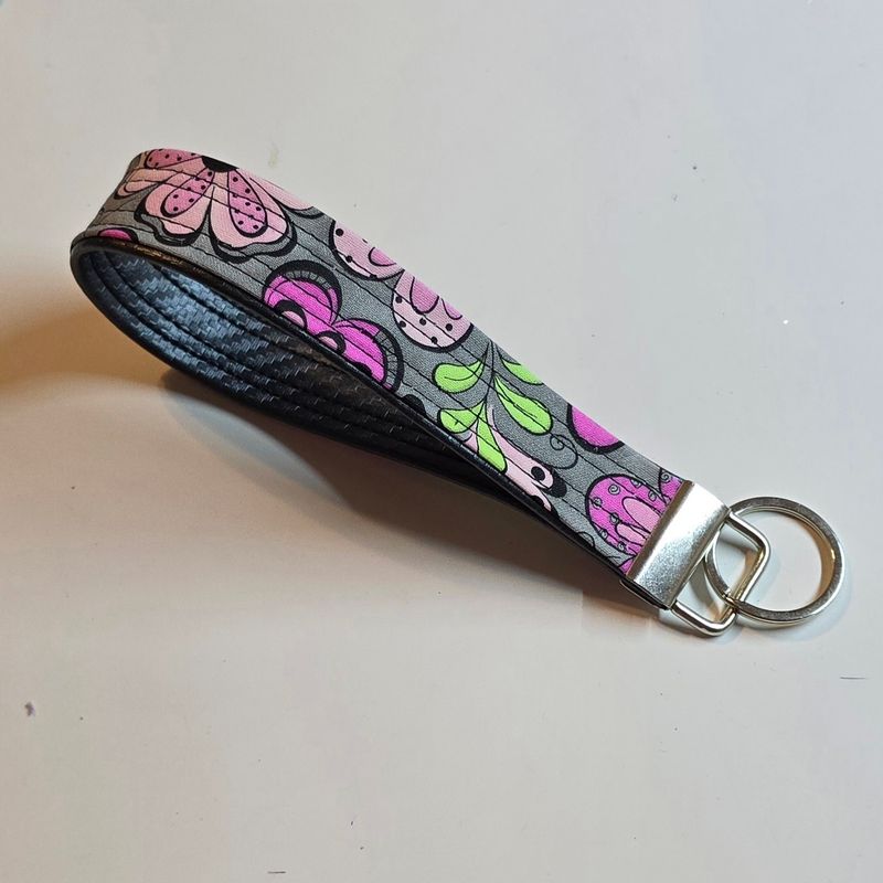 Key Fob Keychain Gray Floral