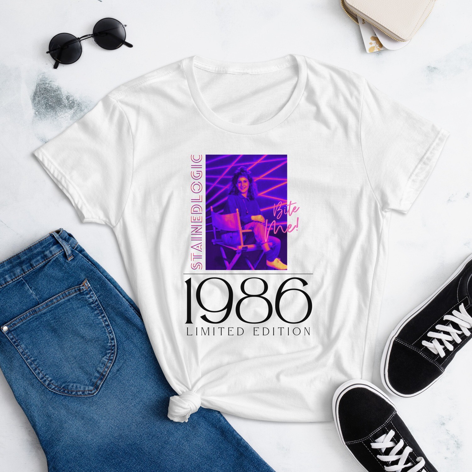 StainedLogic Exclusive 1986 Bite Me Women&#39;s Graphic Tee