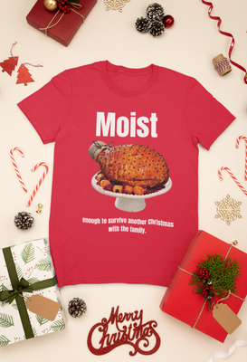 StainedLogic Moist Enough to Survive Christmas | Funny Dark Humor Holiday T-Shirt