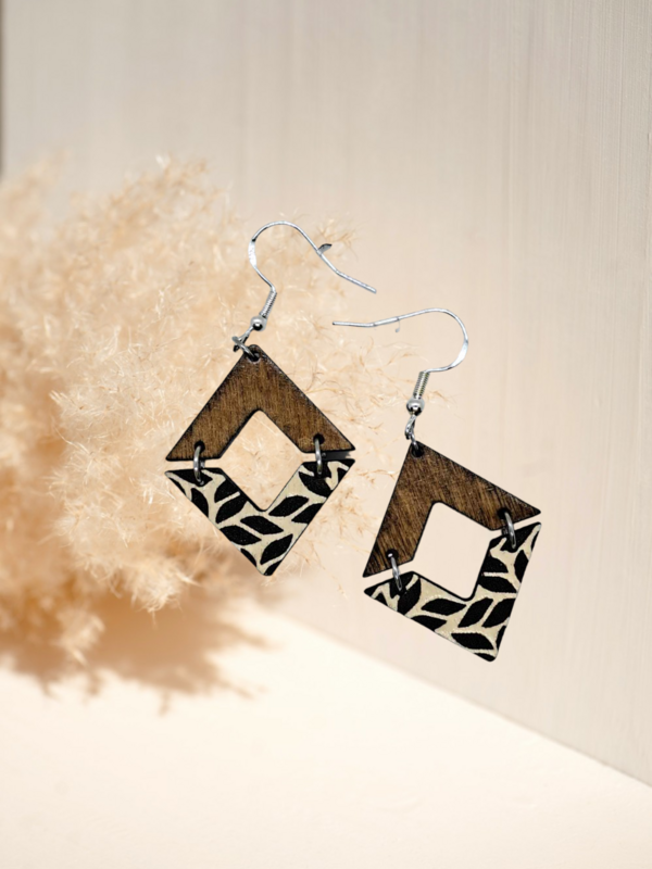 Wood Laser Engraved Diamond Dangle Earrings