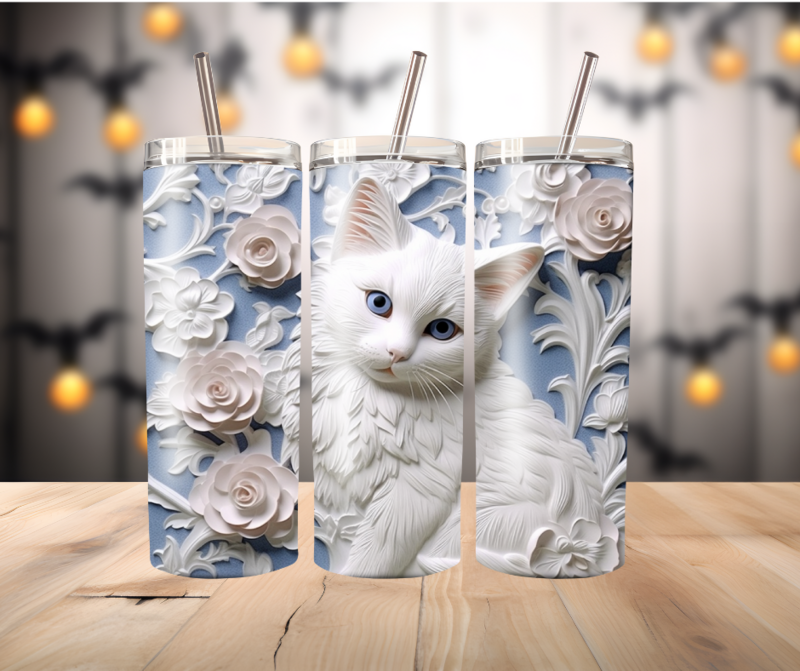 3D White Cat with Flowers
