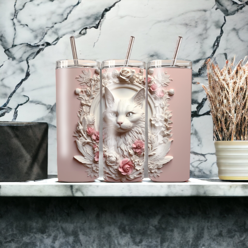 3D White Cat Pink Flowers