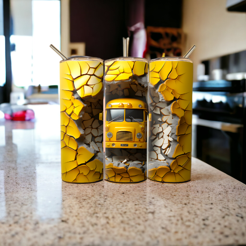 3D School Bus in Cracked Wall