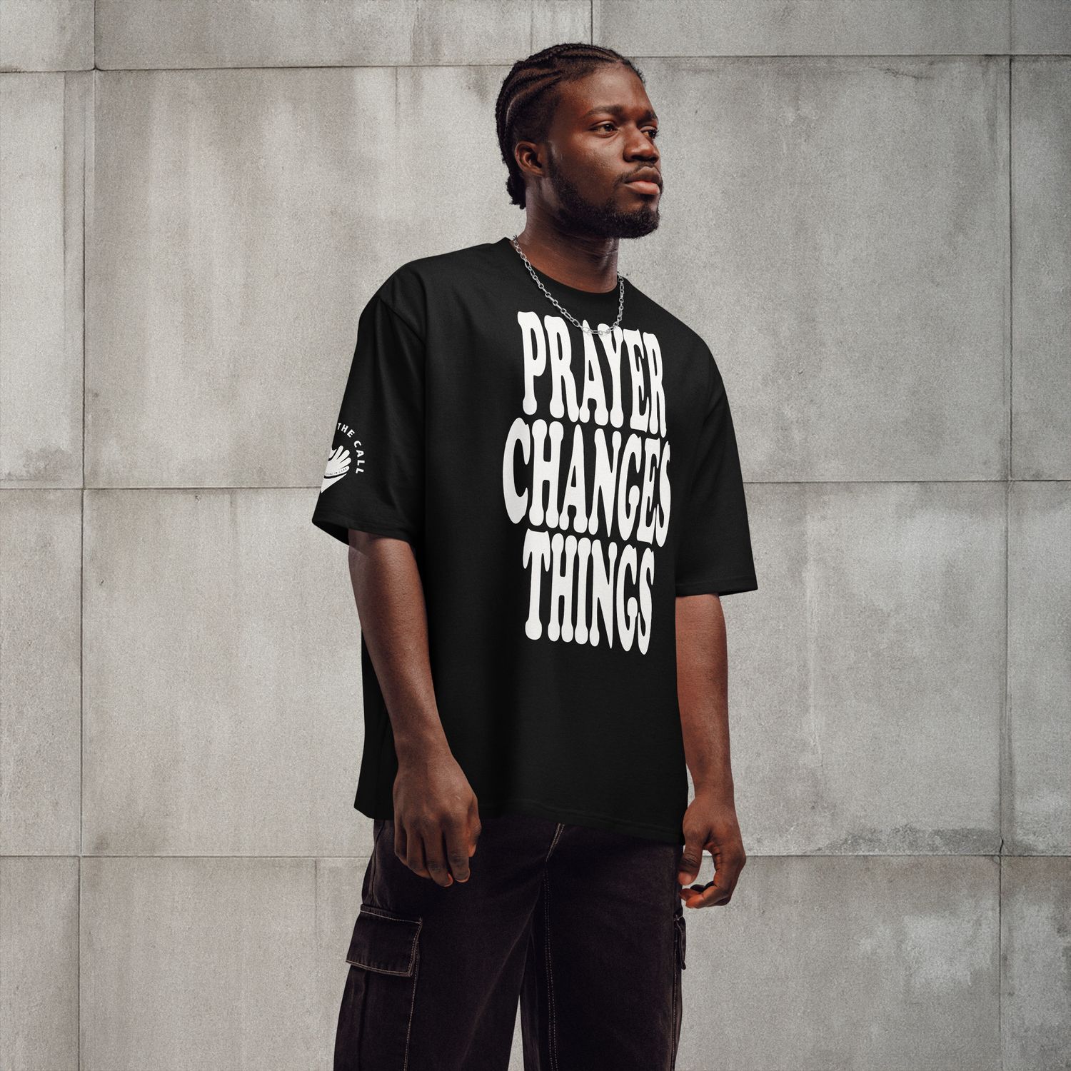Prayer Changes Things Oversized heavyweight t-shirt Wht on Blk