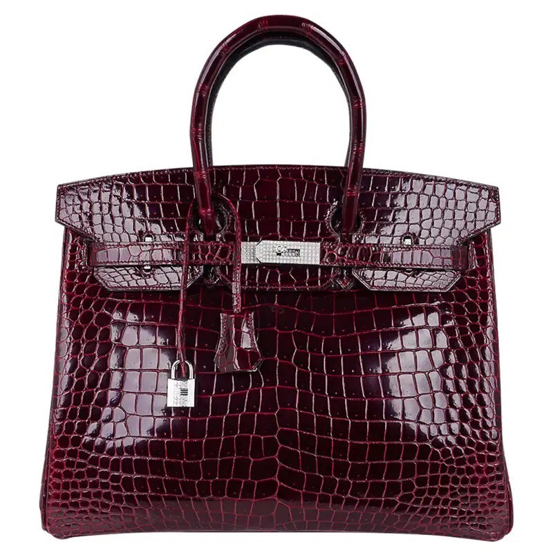 Hermes Birkin 35 Diamond Bordeaux Porosus Crocodile Bag White Gold Hardware