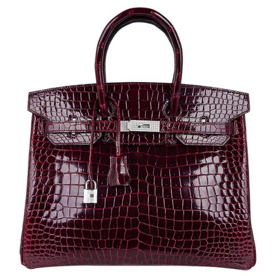 Hermes Birkin 35 Diamond Bordeaux Porosus Crocodile Bag White Gold Hardware