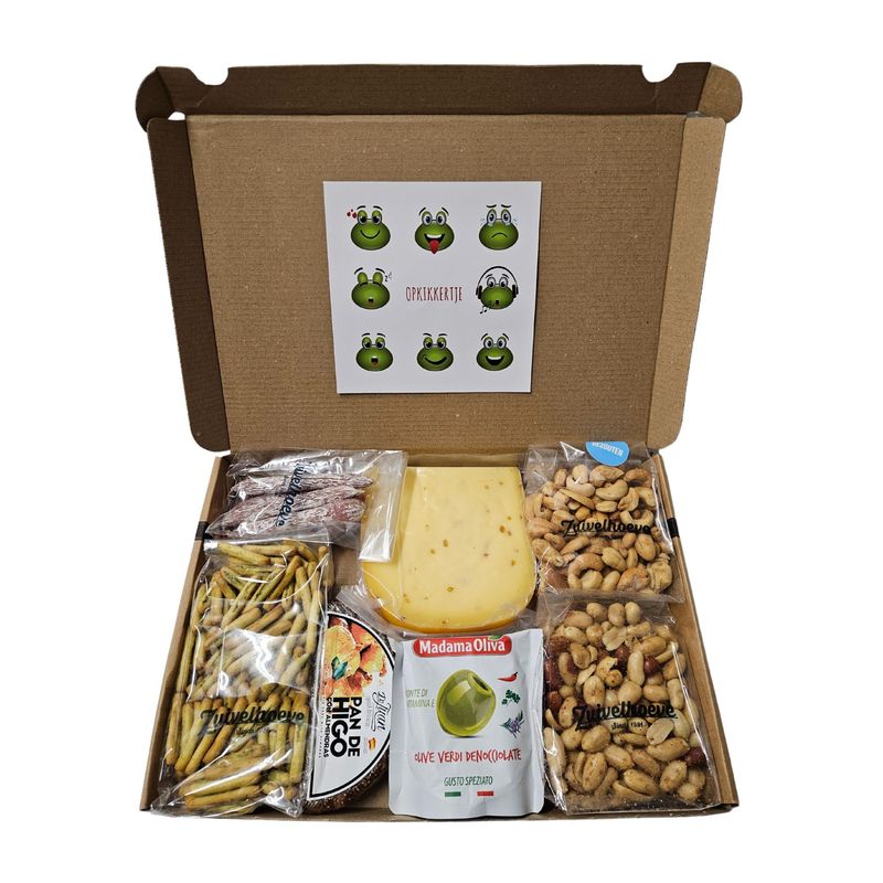 H1] Borrel Box met 7 verschillende lekkernijen | borrel snacks van de Zuivelhoeve met Mystery Card met persoonlijke (video)boodschap naar keuze