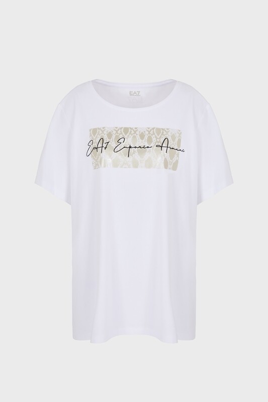 Camiseta Emporio Armani EA7,en algodón, blanco,m/c con estampado central de animal print dorado