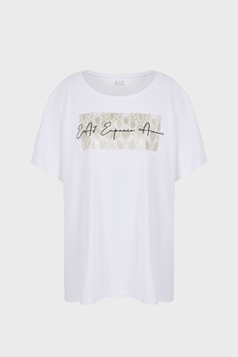 Camiseta Emporio Armani EA7,en algodón, blanco,m/c con estampado central de animal print dorado
