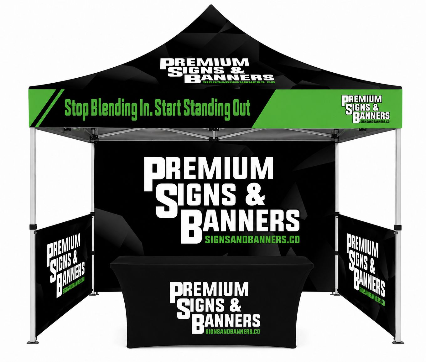 Custom Aluminum 10x10 Pop Up Canopy + Back Wall + Side Walls + Table Cover