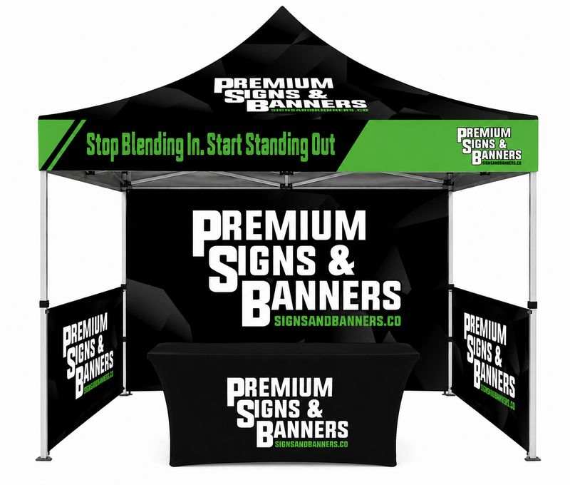 Custom Aluminum 10x10 Pop Up Canopy + Back Wall + Side Walls + Table Cover