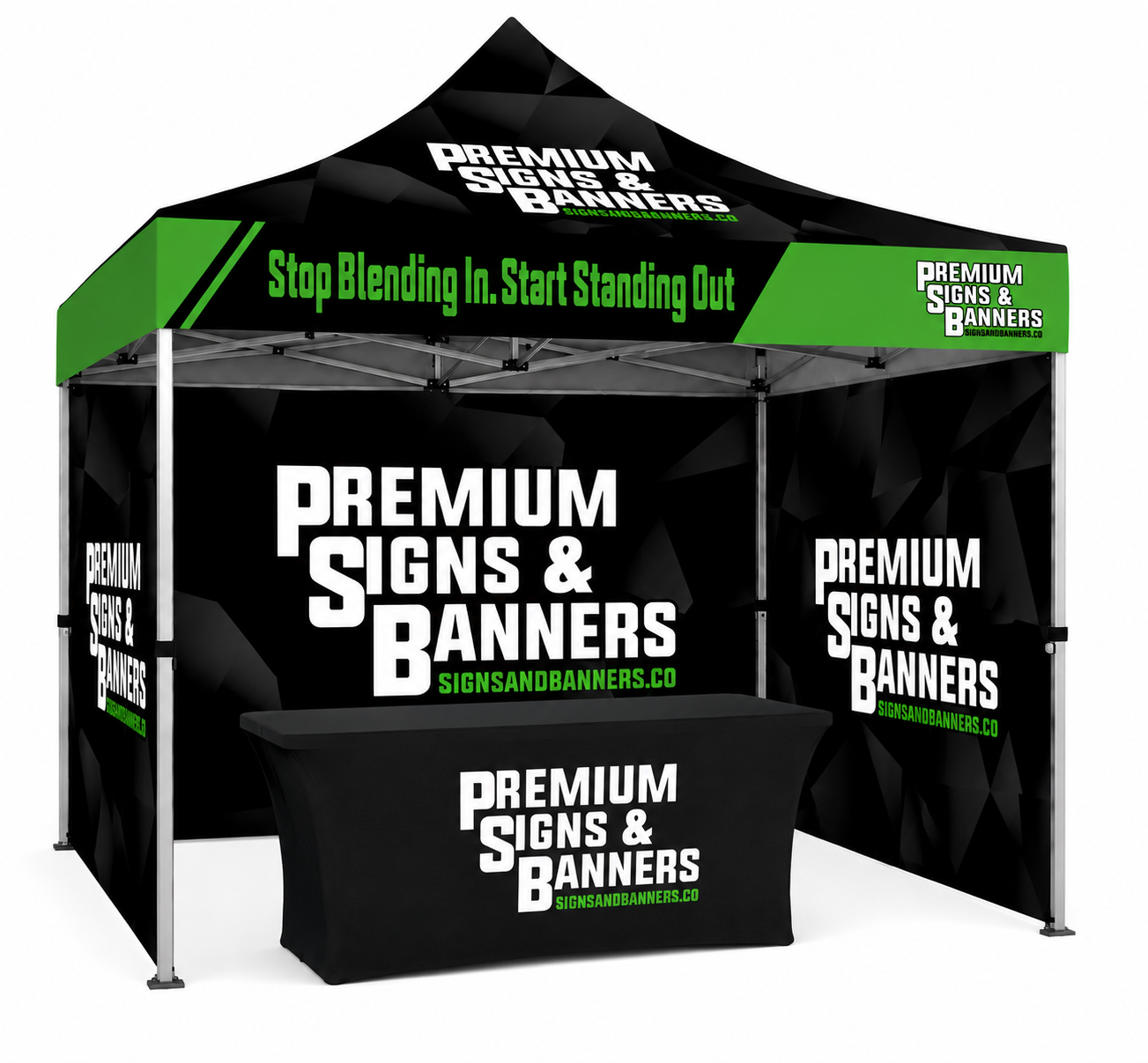 Custom Aluminum 10x10 Pop Up Canopy + Back Wall + Full Side Walls + Table Cover