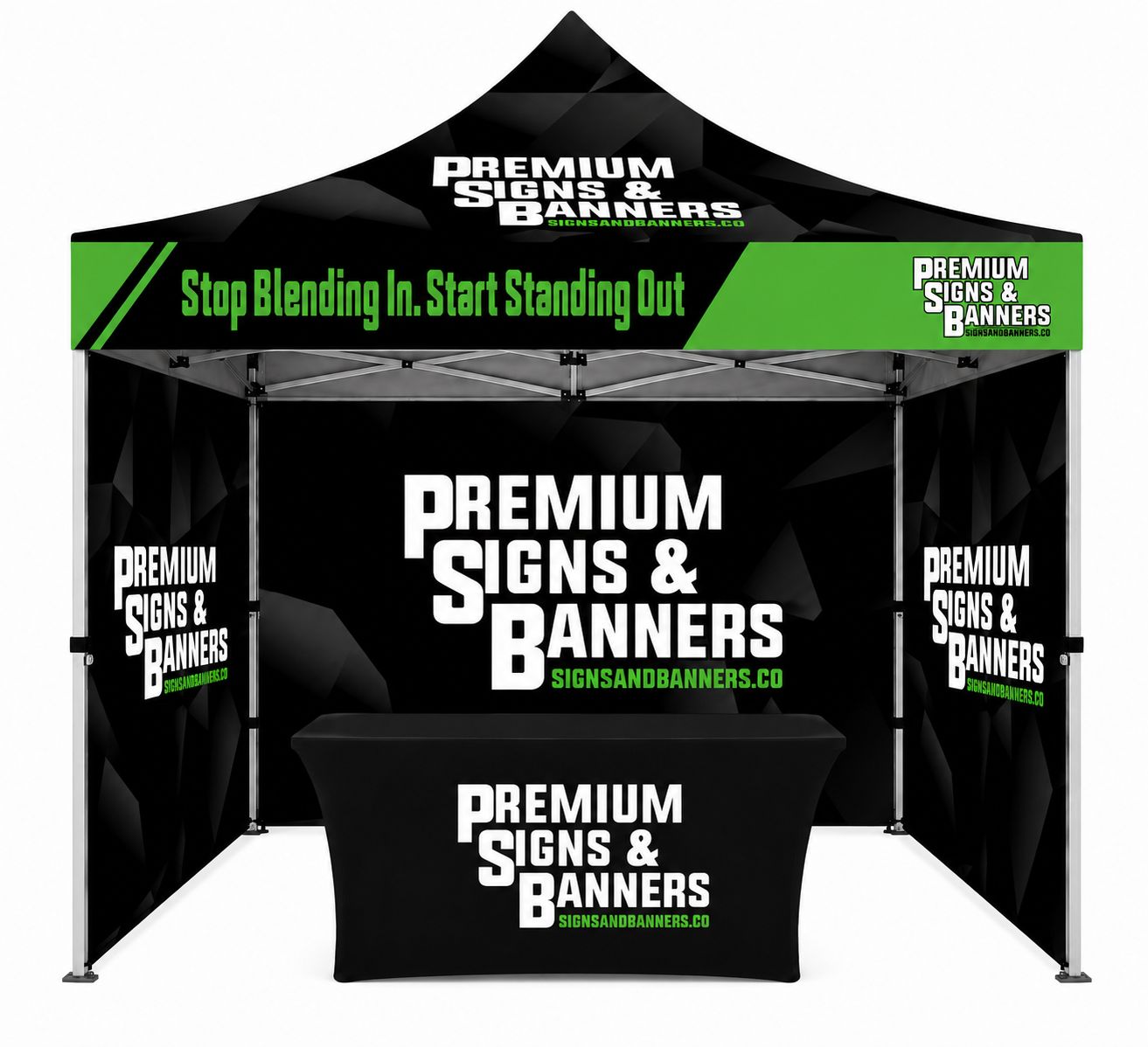 Custom Aluminum 10x10 Pop Up Canopy + Back Wall + Full Side Walls + Table Cover Custom Aluminum 10x10 Pop Up Canopy + Back Wall + Full Side Walls + Table Cover