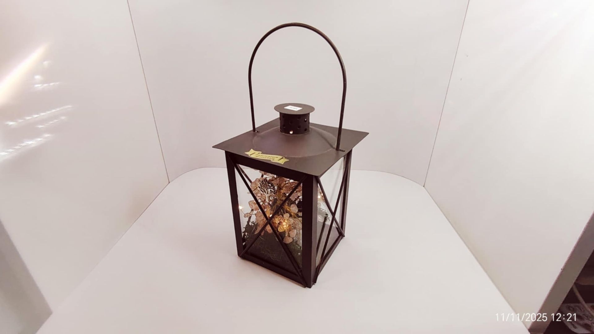 Lanterne ARBRE DE VIE MINÉRAUX - QUARTZ ROSE, Support métallique noir