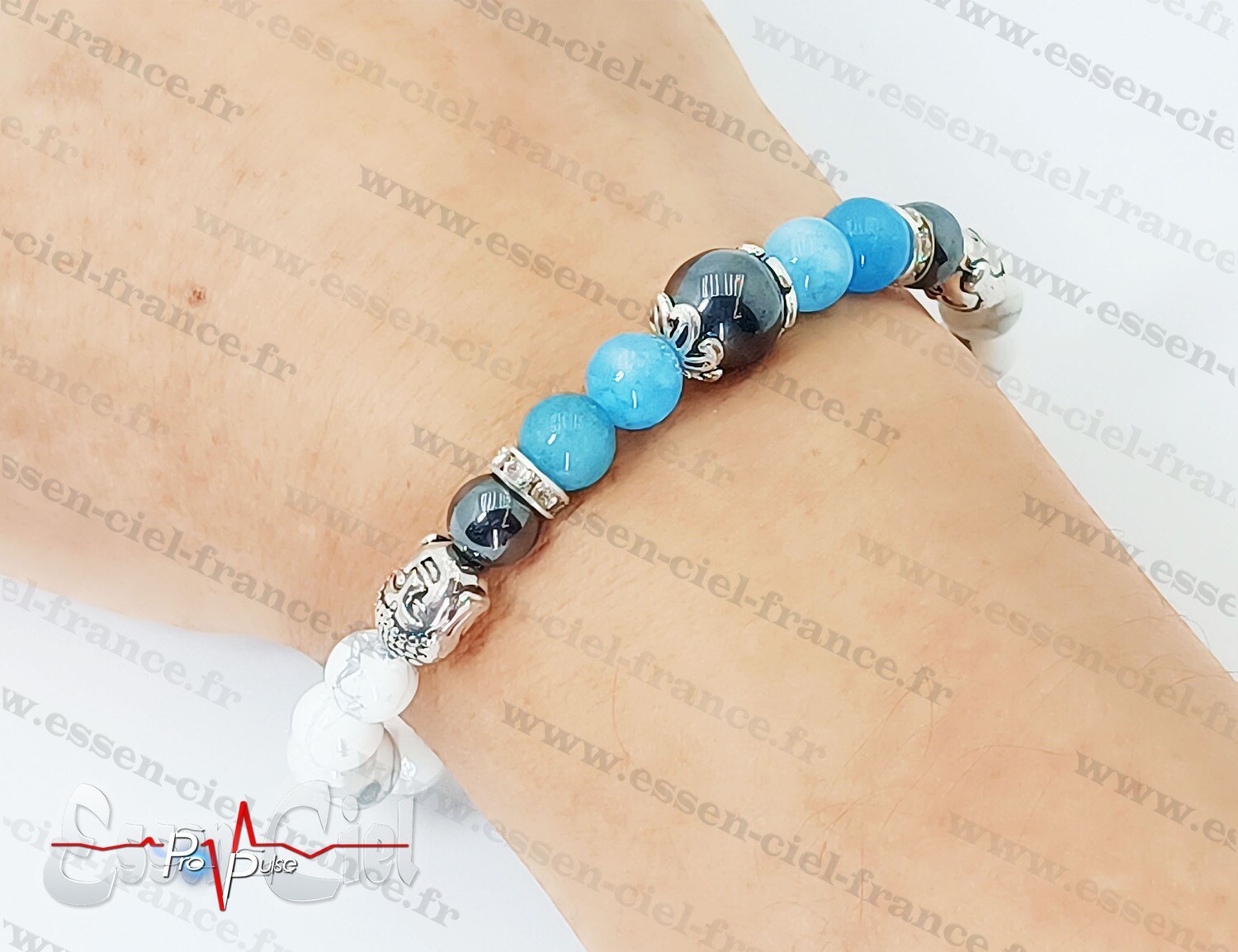 BRACELET HOWLITE + AIGUE MARTINE + MAGNÉTITE