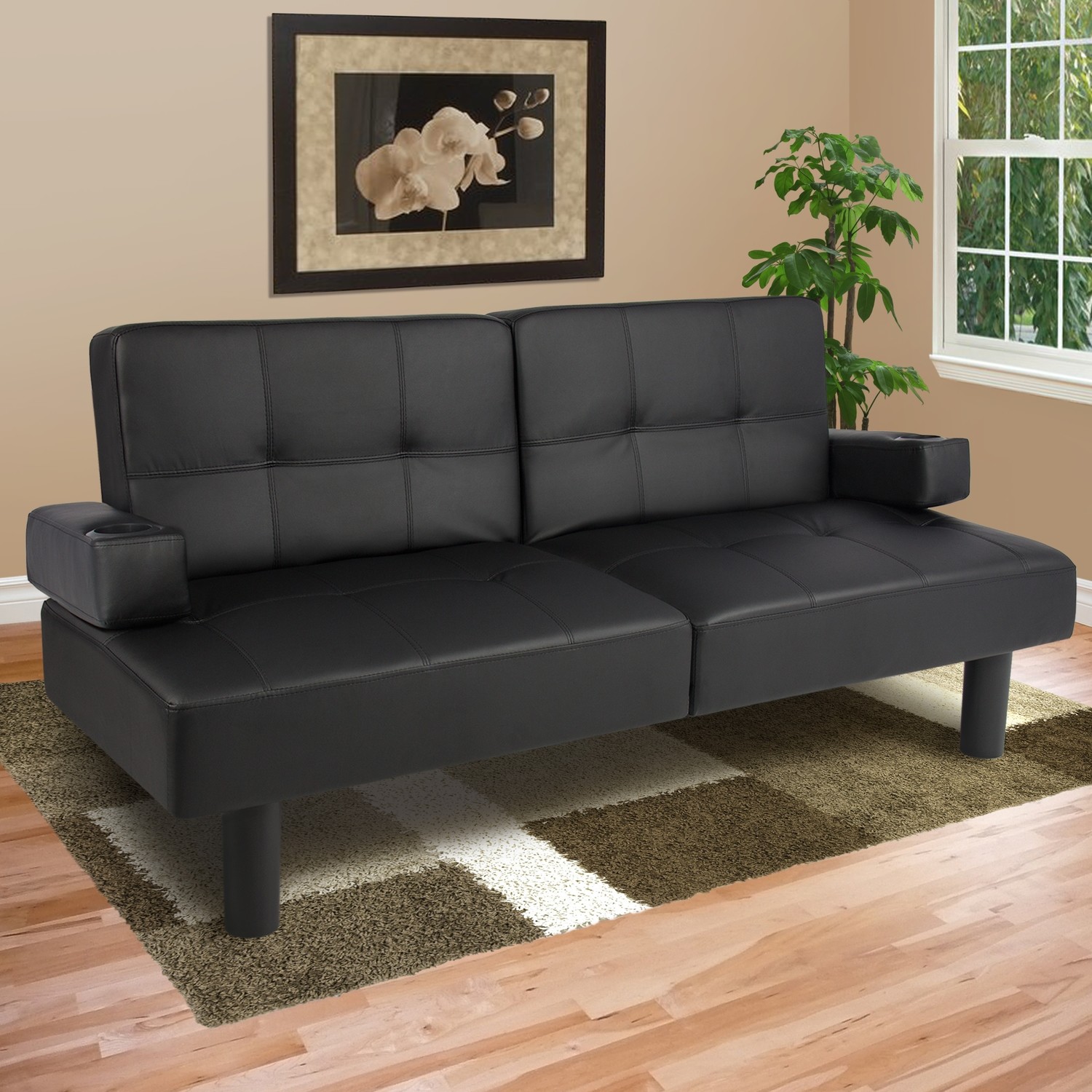 FAUX LEATHER FUTON WITH CUP HOLDERS, BLACK
