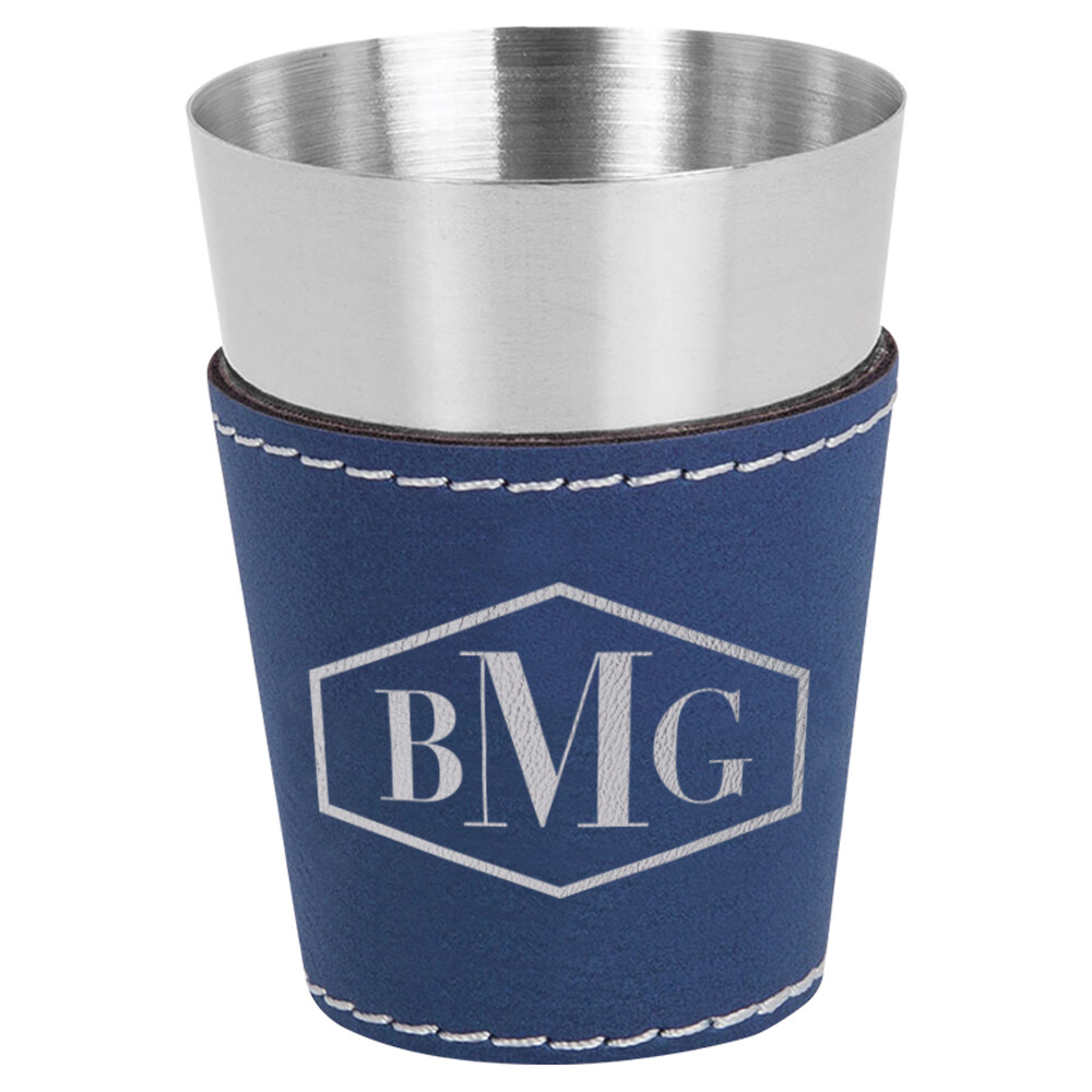 Custom Engraved Leather &amp; Stainless Steel Shot Glass Pair