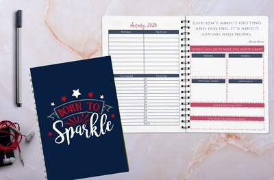 Picture of elegant 2024 planner with internal pages pictured. Ideal for task-driven individuals, especially Female Entrepreneurs