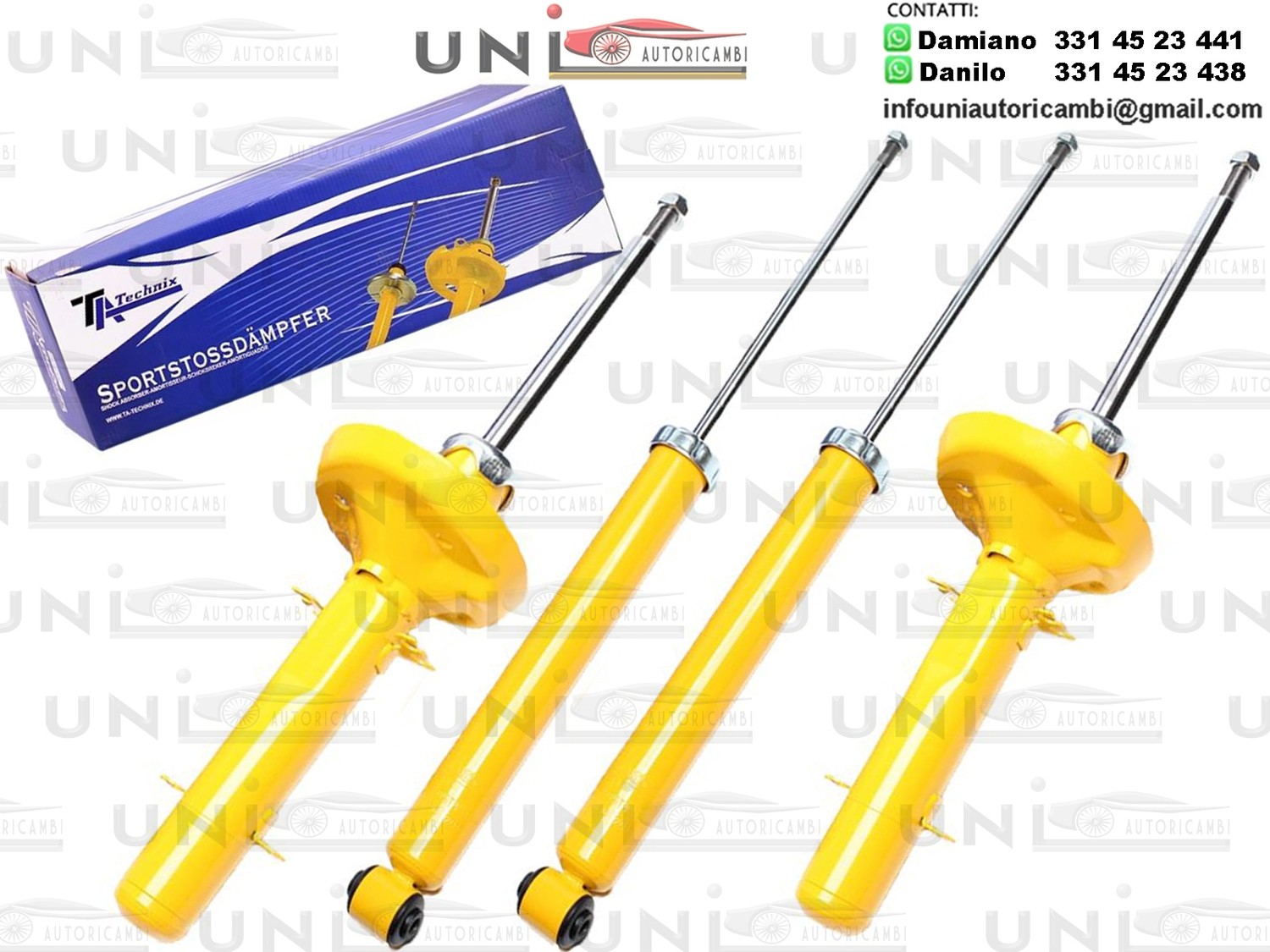 4 x Ammortizzatori sportivi GIALLI per: AUDI A3 8L DAL 1996- , SEAT LEON e TOLEDO 1M dal 1999- , VW GOLF 4 dal 1998- , VW BORA 4 dal 1998 - 1.9TDI