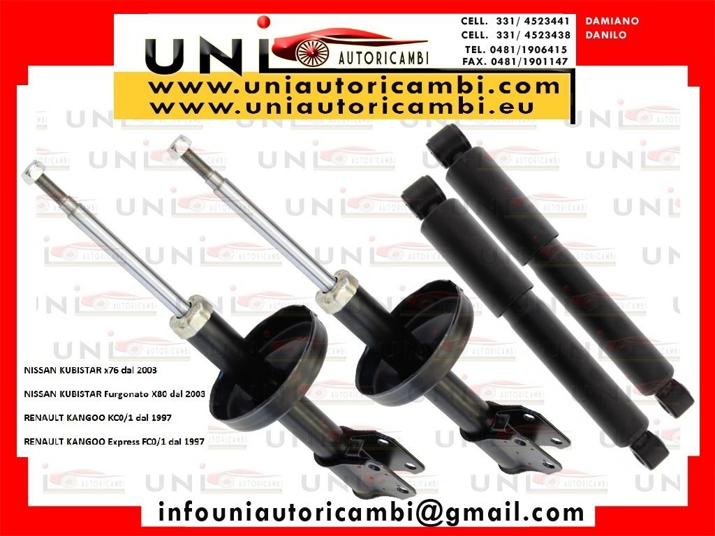 4 Ammortizzatori 2 Anteriori + 2 Posteriori ad Olio FAST per: NISSAN KUBISTAR x76 dal 2003 NISSAN KUBISTAR Furgonato X80 dal 2003 RENAULT KANGOO KC0/1 dal 1997 RENAULT KANGOO Express FC0/1 dal 1997