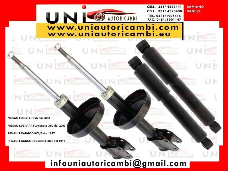 4 Ammortizzatori 2 Anteriori + 2 Posteriori ad Olio FAST per: NISSAN KUBISTAR x76 dal 2003 NISSAN KUBISTAR Furgonato X80 dal 2003 RENAULT KANGOO KC0/1 dal 1997 RENAULT KANGOO Express FC0/1 dal 1997