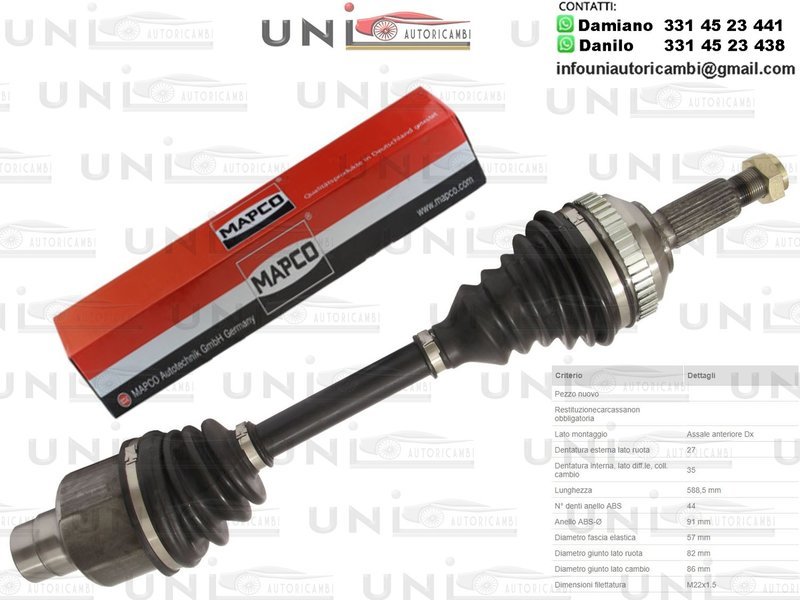 Albero Motore / Semiasse Anteriore DESTRO/Ford Cougar da 1998 / Ford Mondeo I da 1993 / Ford Mondeo I​ Station Wagon da 1993/Ford Mondeo I​ Tre Volumi​ da 1993/Ford Mondeo ​II da 1996 /