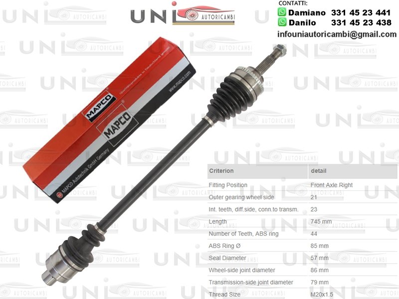 Albero Motore / Semiasse Anteriore DESTRO/Renault Megane I (BA0/1) da 1996/Renault Megane I​ Cabriolet (EA0/1) da 1997/ Renault Megane I ​Classic (LA0/1) da ​1996/ Renault Megane I​  Coach (DA0/1) ​
