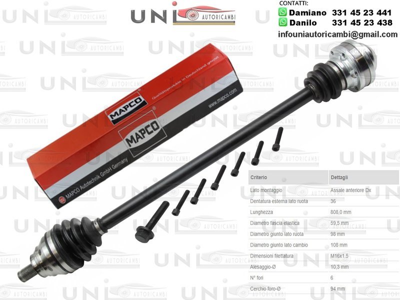 Albero Motore / Semiasse Anteriore DESTRO / VW Caddy III Furgonato da 2004 / VW Caddy III Station Wagon da 2004