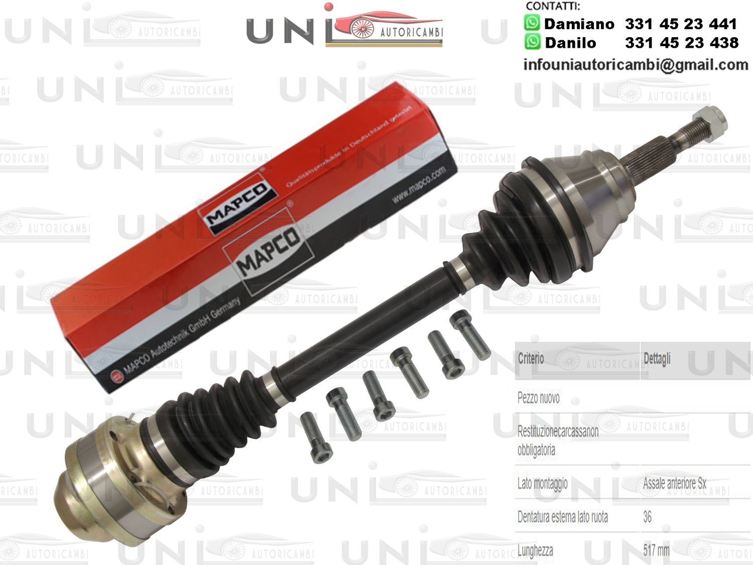 Albero Motore / Semiasse Anteriore SINISTRO / Audi A3 da 1998/ Audi TT da 1998/Audi TT Roadster da 1999/ Seat Leon da 1999/ Seat Toledo II da 2000/ Skoda Octavia I da 2002/