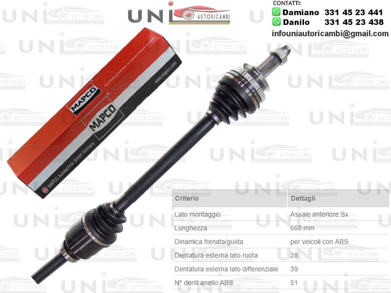 Albero Motore / Semiasse Anteriore DESTRO / Opel Movano Combi da 1998/Opel Movano Fugonato da 1999/Opel Movano Pianale Piatto/Telaio da 1998/Opel Movano Ribaltabile da 1999/