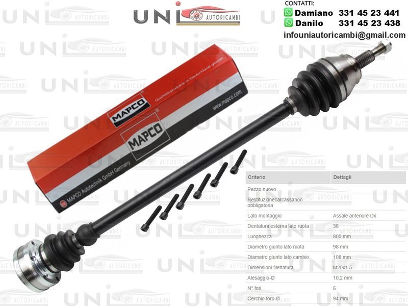 Albero Motore / Semiasse Anteriore DESTRO/Audi A3 da 1996/Audi TT da 1998/Audi TT Roadster da 10.1999/Seat Leon da 1999/Seat Toledo II da 1998/