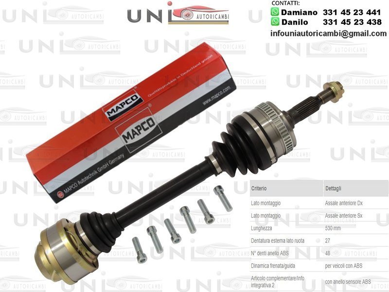 Albero Motore / Semiasse Anteriore BILATERALE Sinistro SX o Destro DX /Mercedes-Benz Classe V da 1996/Mercedes-Benz Vito Autobus da 1996/Mercedes-Benz Vito Furgonato da 1997/