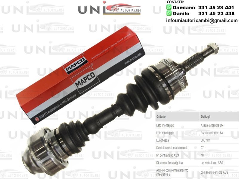 Albero Motore / Semiasse Anteriore Sinistro SX o Destro DX / Mercedes- Benz Classe V da 1999/Mercedes-Benz Vito Autobus da 1999/Mercedes-Benz Vito Furgonato da 1999/