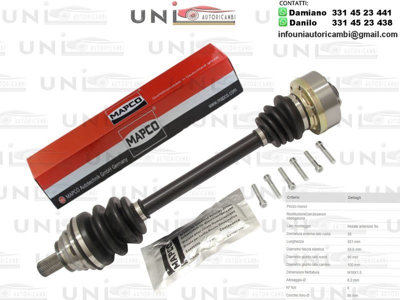 Albero Motore / Semiasse Anteriore DESTRO/Audi A3 da 2003/Audi A3 Sportback da 2004/Seat Altea da 2004/Seat Altea XL da 2006/Seat Leon da 2005/Seat Leon SC 2013/Seat Leon ST da 2013/