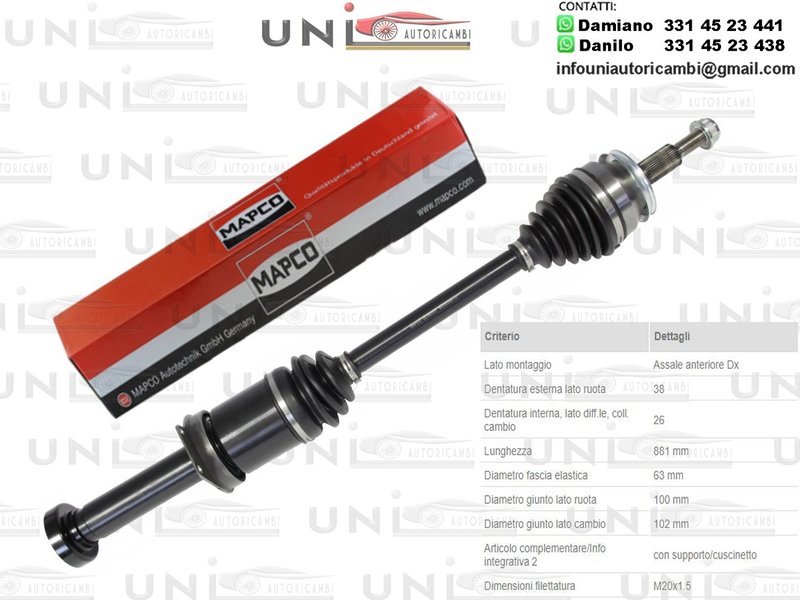 Albero Motore / Semiasse Anteriore DESTRO/ VW Multivan T5 da 2003/VW Transporter T5 Autobus da 2003/VW Transporter T5​ Furgonato da 2003/VW Transporter T5​ Pianale Piatto/Telaio​ /