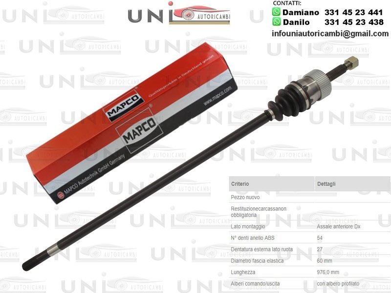 Albero Motore / Semiasse Anteriore DESTRO DX / Jeep Cherokee da 1984 / Jeep Grand Cherokee da 1991 / Jeep Wrangler I da 1988 / Jeep Wrangler II​ da 1996