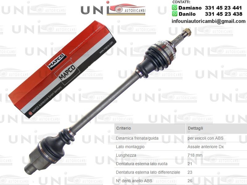 Albero Motore / Semiasse Anteriore DESTRO DX​ per:   - RENAULT CLIO II (BB_, CB_) dal 1998- - RENAULT KANGOO (KC0/1_) dal 1997- - RENAULT KANGOO Express (FC0/1_) dal 1997  - RENAULT THALIA I (LB_)