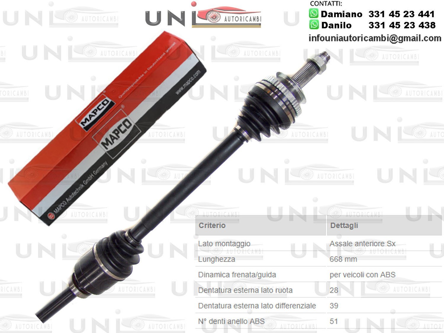 Albero Motore / Semiasse Anteriore DESTRO / Opel Movano Combi da 1998/Opel Movano Fugonato da 1999/Opel Movano Pianale Piatto/Telaio da 1998/Opel Movano Ribaltabile da 1999/