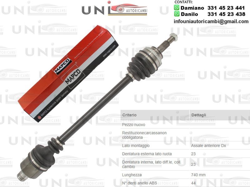 Albero Motore / Semiasse Anteriore DESTRO/ Nissan Kubistar da 2003/Nissan Kubistar Furgonato da 2003/ Renault Clio II da 2004/Renault Clio II ​Furgonato/Renault Kangoo da 2001/