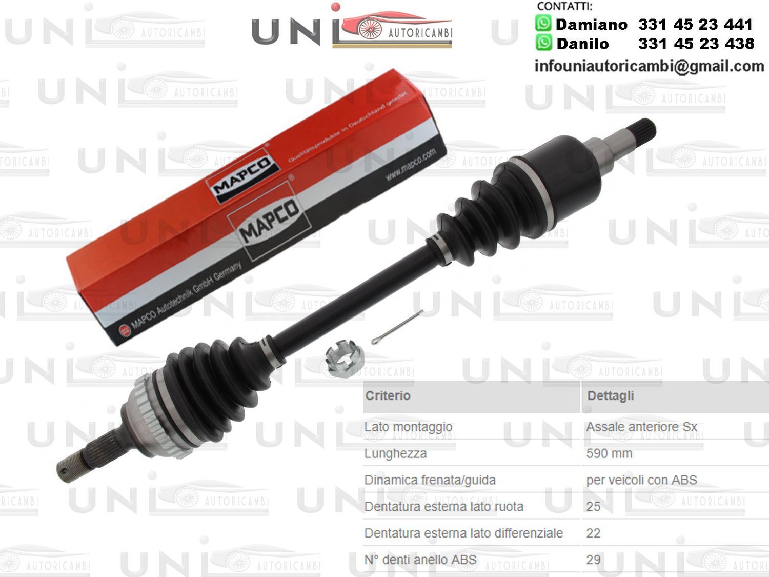 Albero Motore / Semiasse Anteriore SINISTRO/Citroen Berlingo da 1996/Citroen Berlingo​ Furgonato​ da 1996 /Peugeot Partner Combispace​ da 1996 /