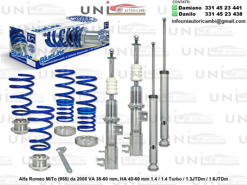 Assetto a Ghiera Regolabile 4 Ammortizzatori Sportivi Molle Alfa Romeo MiTo 955 1.4 / 1.4 Turbo / 1.3JTDm / 1.6JTDm da 2008 -