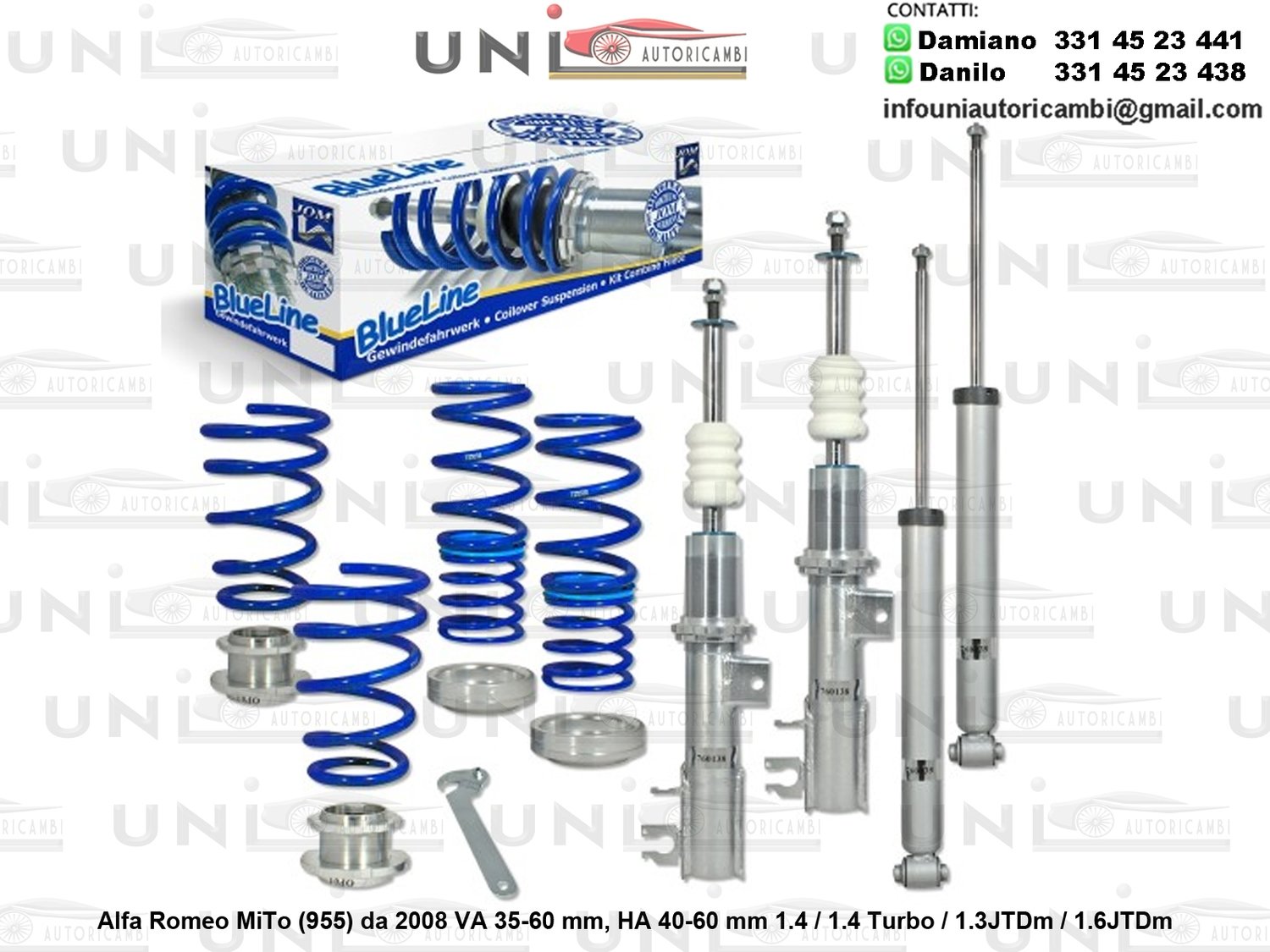 Assetto a Ghiera Regolabile 4 Ammortizzatori Sportivi Molle Alfa Romeo MiTo 955 1.4 / 1.4 Turbo / 1.3JTDm / 1.6JTDm da 2008 -