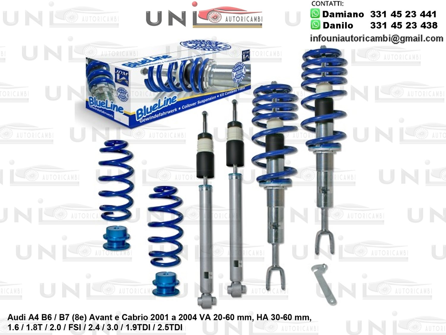 Assetto a Ghiera Regolabile Audi A4 B6 / B7 (8e) Avant e Cabrio 1.6 / 1.8T / 2.0 / FSI / 2.4 / 3.0 / 1.9TDI / 2.5TDI da 2001 a 2004