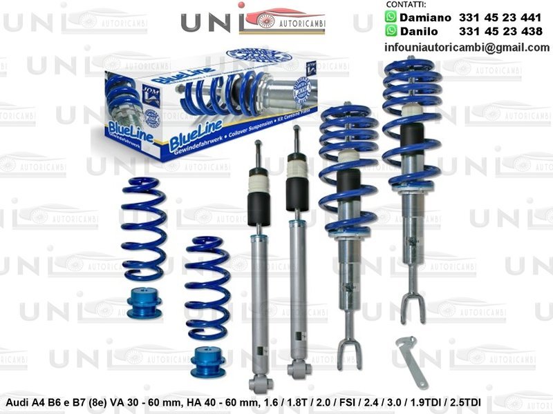 Assetto a Ghiera Regolabile Audi A4 B6 e B7 (8e) 1.6 / 1.8T / 2.0 / FSI / 2.4 / 3.0 / 1.9TDI / 2.5TDI Escluso Autolivellante / Quattro / Sport