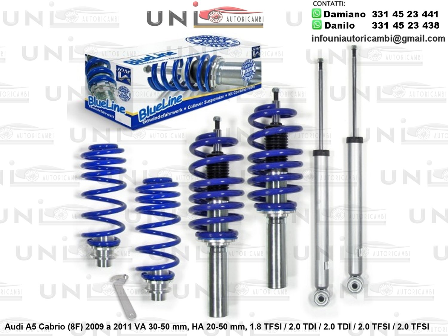 Assetto a Ghiera Regolabile Audi A5 Cabrio (8F) 1.8 TFSI / 2.0 TDI / 2.0 TDI / 2.0 TFSI / 2.0 TFSI / 2.7 TDI / 3.0 TDI / 3.2 FSI / 3.2 FSI da 2009 a 2011